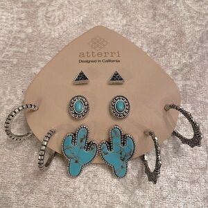 Brand New Atterri Southwest Silver Tone & Turquoise Set of 5 Pairs of Earrings